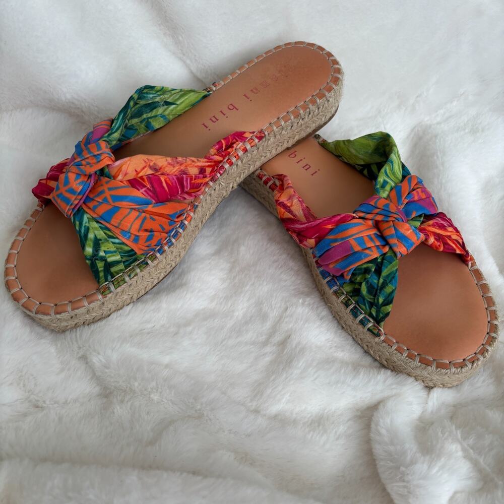 Gianni Bini‎ Tropical Print Knotted Straps Platform Espadrilles Slides Sandal 8